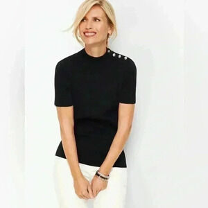 BNWT  Talbots Mock Crew Top in Black with 3 Diamond Style Buttons on Shoulder